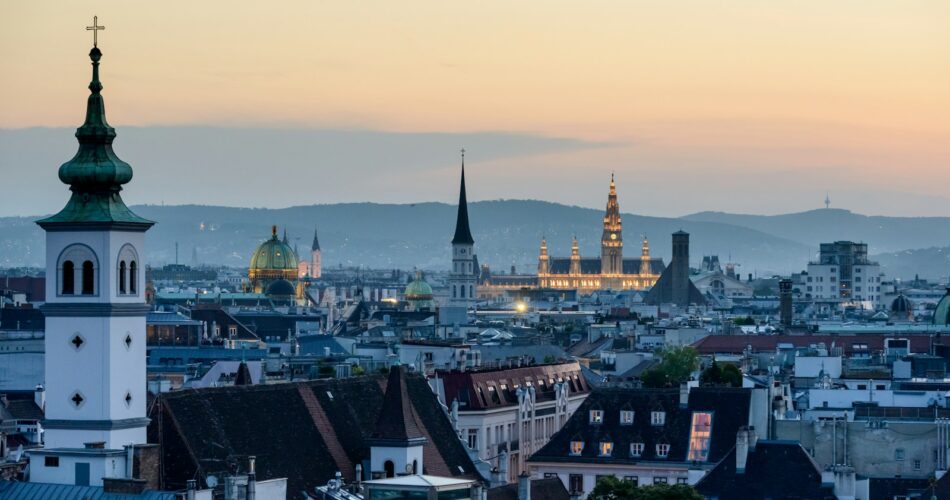 aerial view of a city during sunset